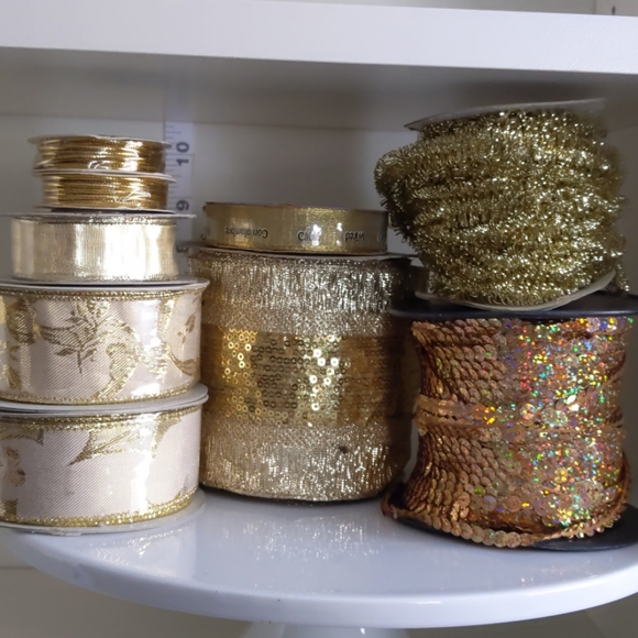 Gold ribbon, wired, rope, sequins, 1 pound